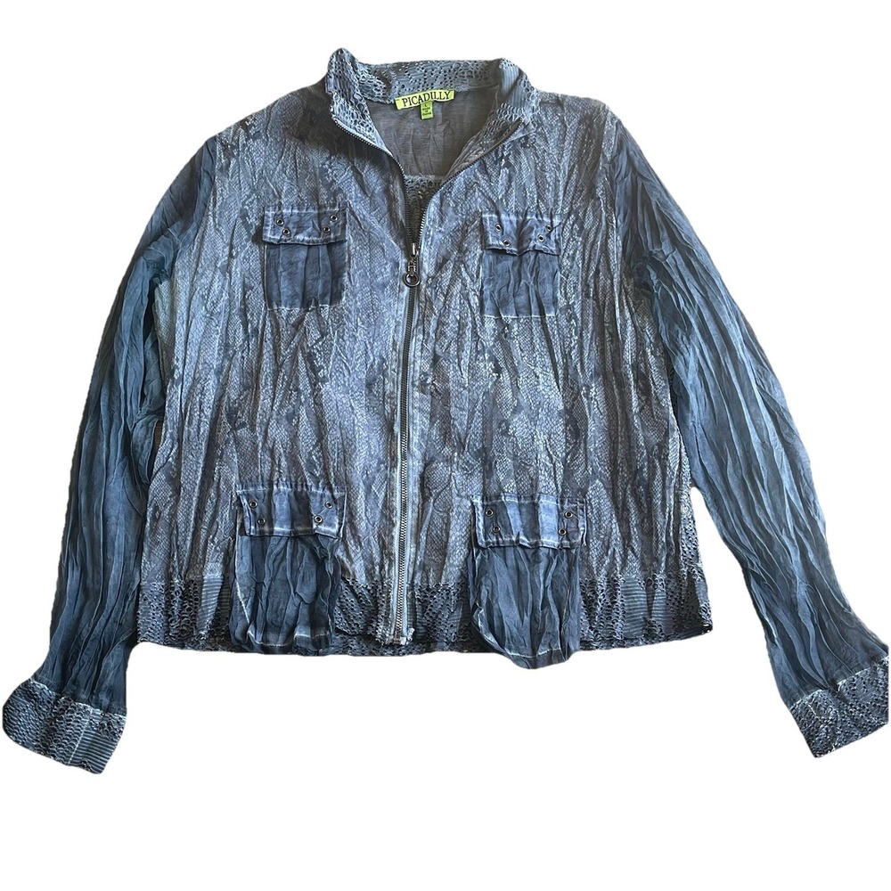 Picadilly Jacket Crinkle Women L Blue Full Zip‎ High Neck Long Sleeve Pockets